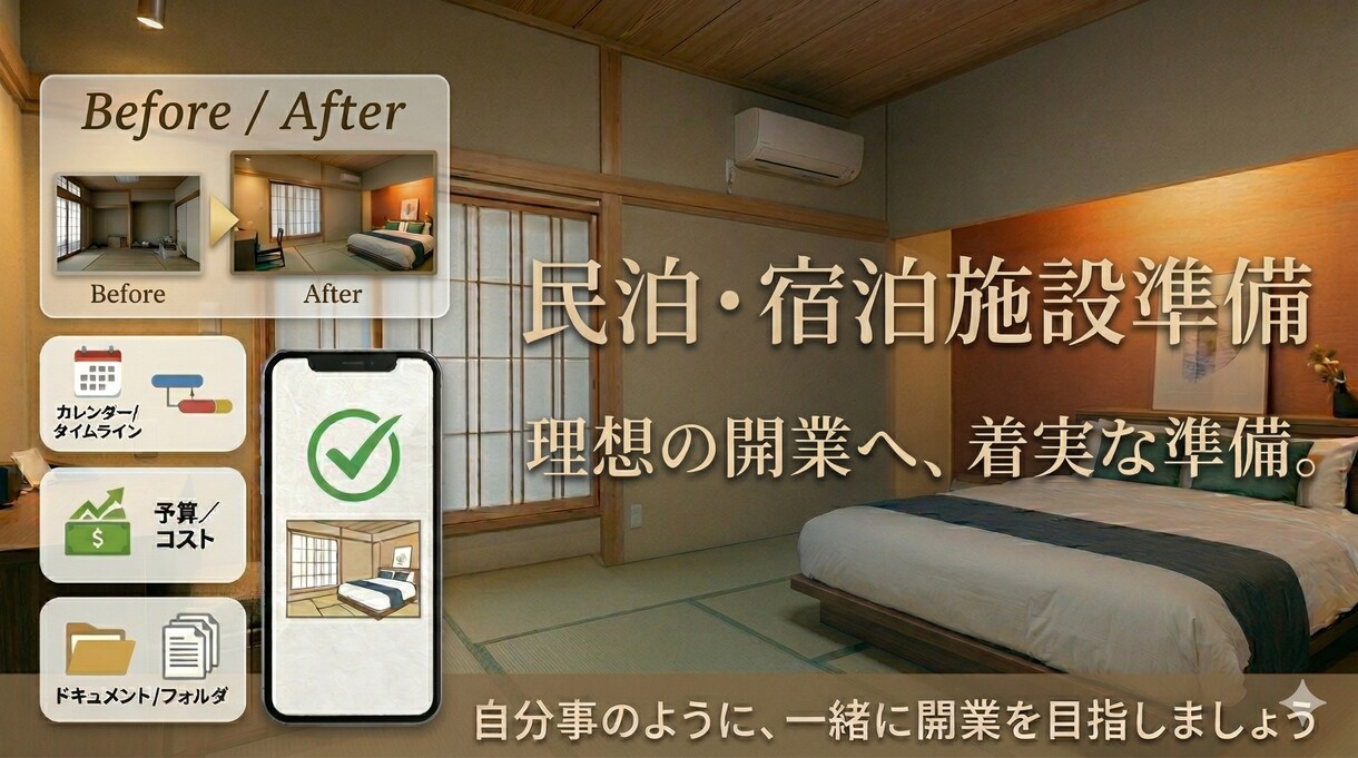 民泊・宿泊施設の立ち上げ準備の整理、サポートします 複雑な手続きやタスクを一覧化。行政申請のポイントも伝授します イメージ1