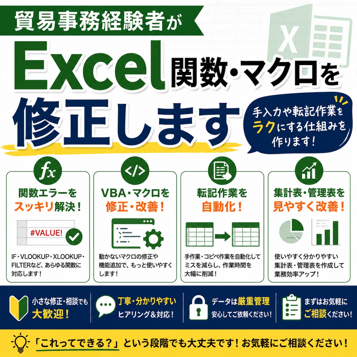 貿易事務経験者がExcel関数・マクロを修正します 手入力や転記作業をラクにする仕組みを作ります イメージ1