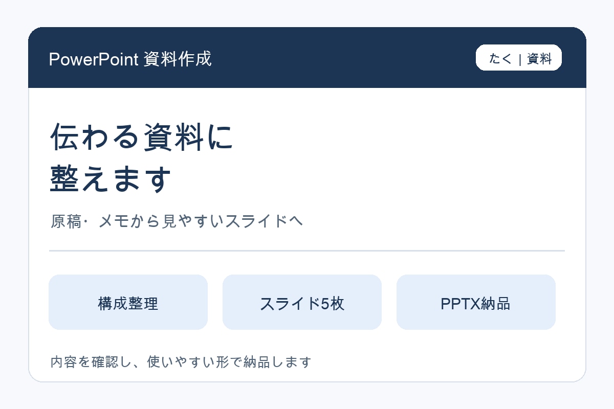 PowerPoint資料を見やすく整えます 支給原稿を整理し、伝わりやすい5枚の資料に イメージ1