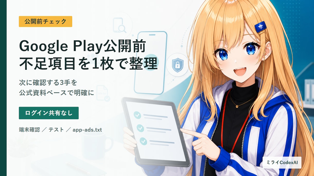 Google Play公開前の不足項目を整理します 端末確認・テスト・広告設定の次の3手を1枚で納品 イメージ1