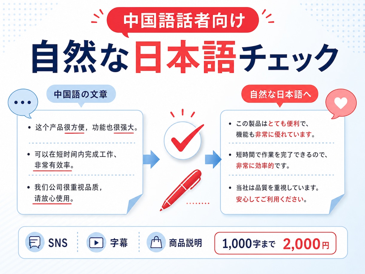 中国語話者向けの自然な日本語をチェックします SNS・字幕・商品説明を自然な日本語へ整えます イメージ1