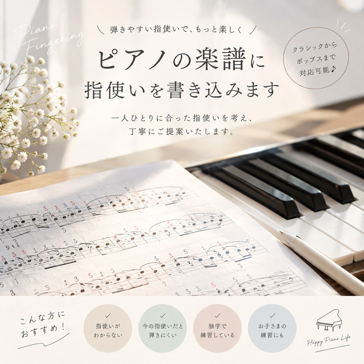 音大生がピアノ楽譜に弾きやすい指使いを書き込みます クラシックからポップスまで、あなたに合った指使いをご提案！ イメージ1