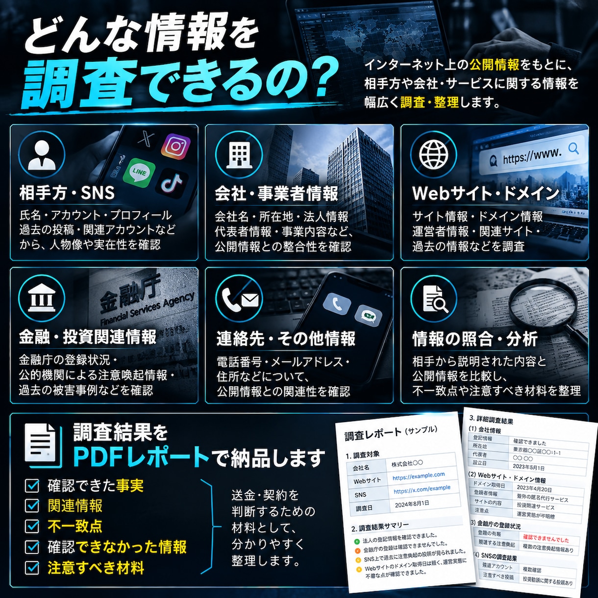 怪しい会社・投資・副業を事前調査します SNS・投資案件・Webサイト等を公開情報から調査 イメージ2