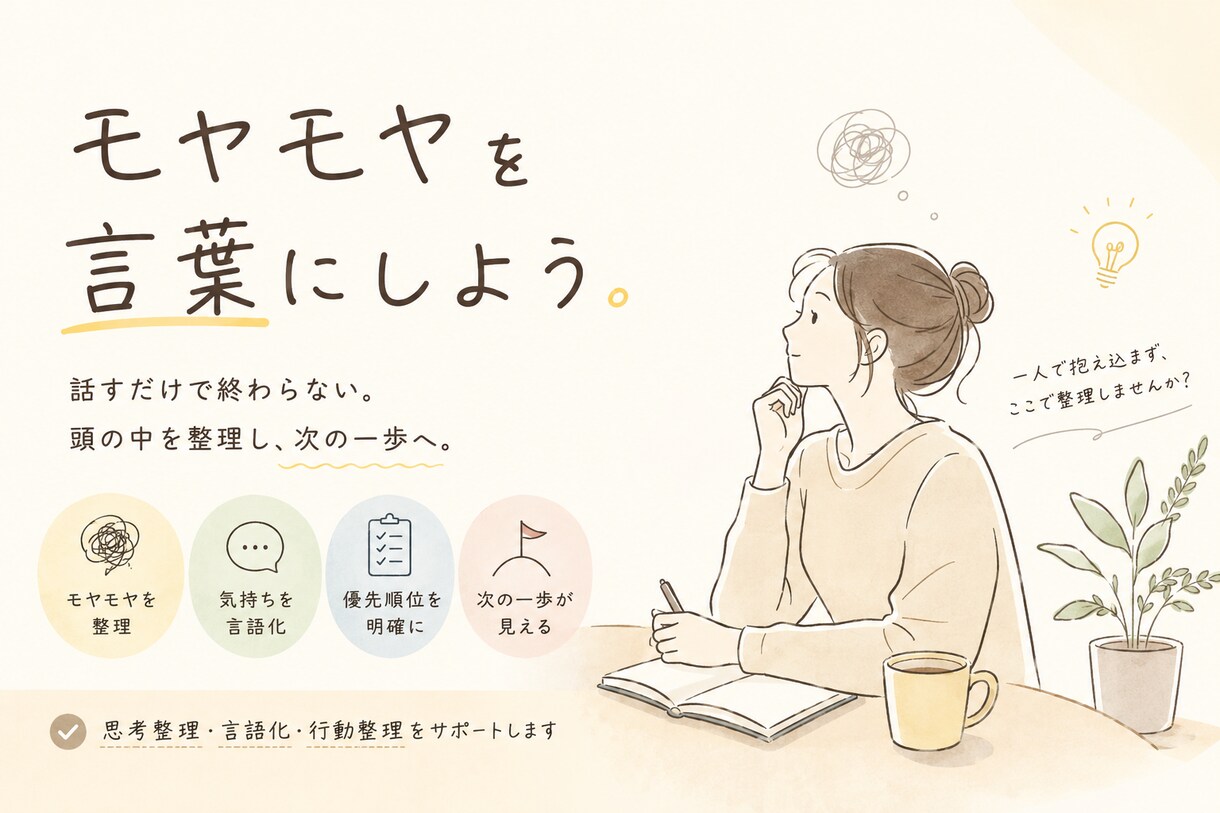 モヤモヤを整理し言葉にして次の一歩を決めます ただ聞くだけで終わらない、チャットで考えを整理する相談です イメージ3