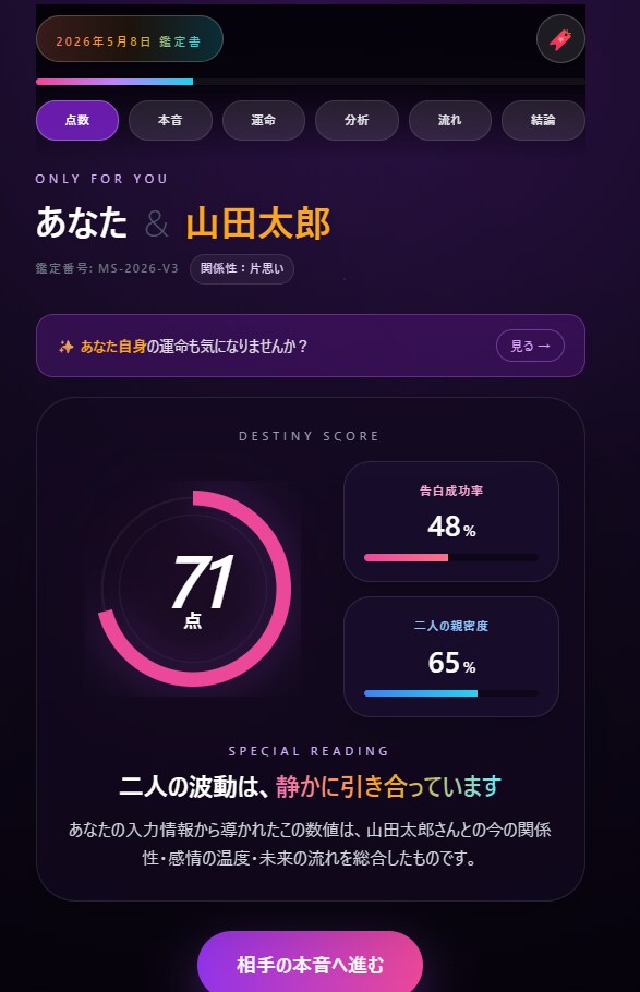 独自開発アプリで精密鑑定！二人の相性を分析します SNSで話題の診断ツール。客観的なデータで真実を届けます イメージ2