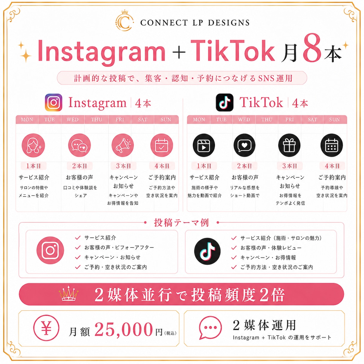 SNS2媒体からLPへ誘導 運用代行します SNS2媒体 各週1投稿でLP誘導 月額25,000円 イメージ5