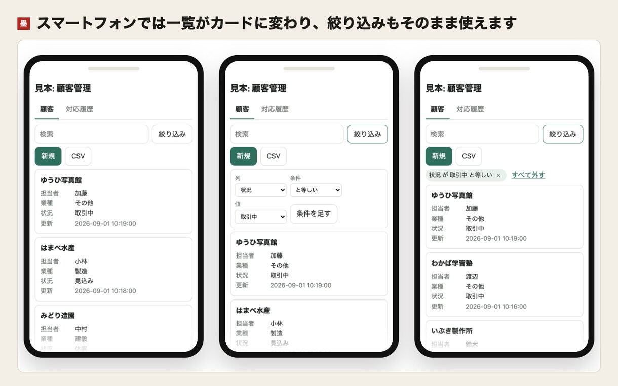 顧客管理アプリをスプレッドシートで作ります 顧客・案件・在庫の台帳に、検索と登録の画面を足します イメージ4