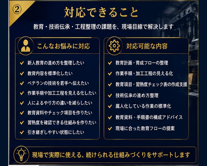新人・若手育成と加工工程の見える化を支援します 教育計画・技術伝承・工程整理を現場経験でサポート イメージ2