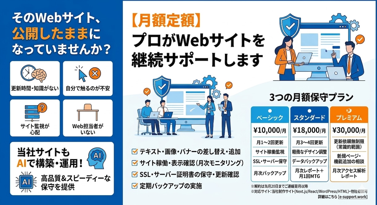 月額でWebサイト保守・更新をまるごとお任せします 更新・監視・バックアップを毎月定額で継続サポート イメージ1
