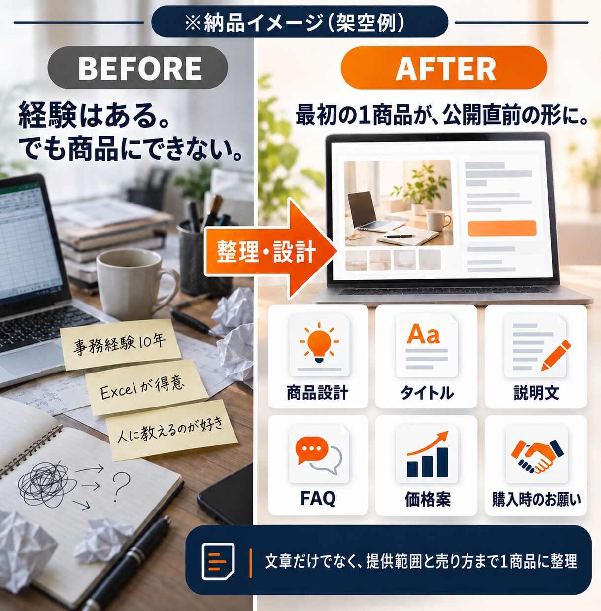 あなたの経験をココナラ1商品に仕上げます 経験の整理から出品文章まで、迷わず公開できる状態に イメージ2