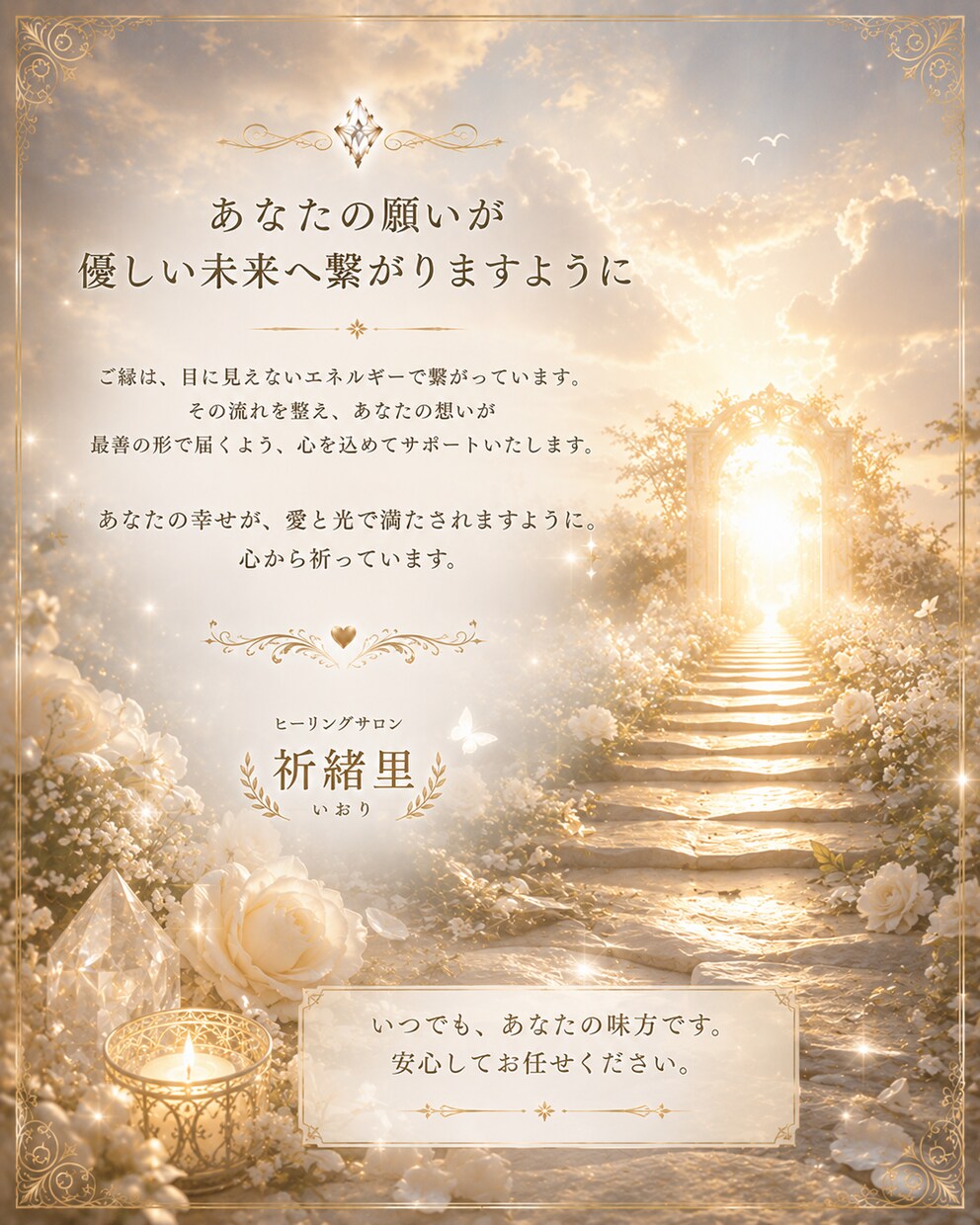 ご縁を整え、想いを丁寧に届けるヒーリングをします 安心の中で、ご縁と心を優しく整えます。 イメージ10