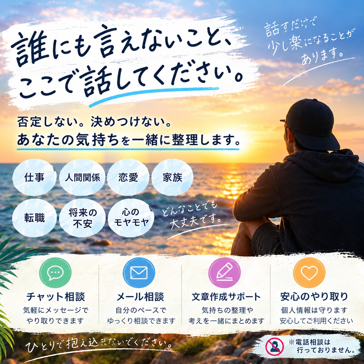 誰にも言えない悩みを何でも聞きます 否定しません。あなたの気持ちを一緒に整理します イメージ1
