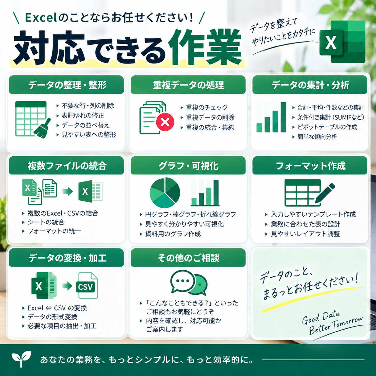 Excelのデータ整理・集計を代行します 面倒な表整理・集計を見やすく使いやすい形に整えます。 イメージ3