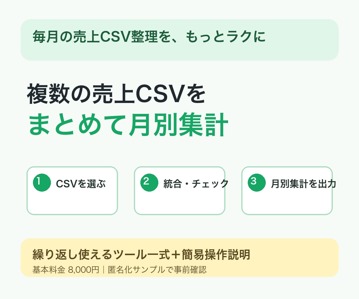 毎月の売上CSVを統合し月別集計をラクにします 複数CSVの整理・チェックを、繰り返し使える仕組みに イメージ1