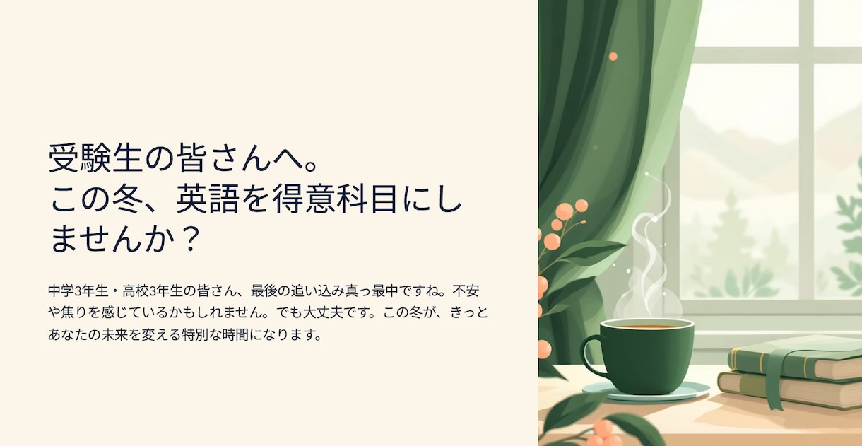 受験生10名限定・短期集中冬季講習を実施いたします 完全1対1×米大卒講師 受験を目前に英語を武器にする冬期講習 イメージ1