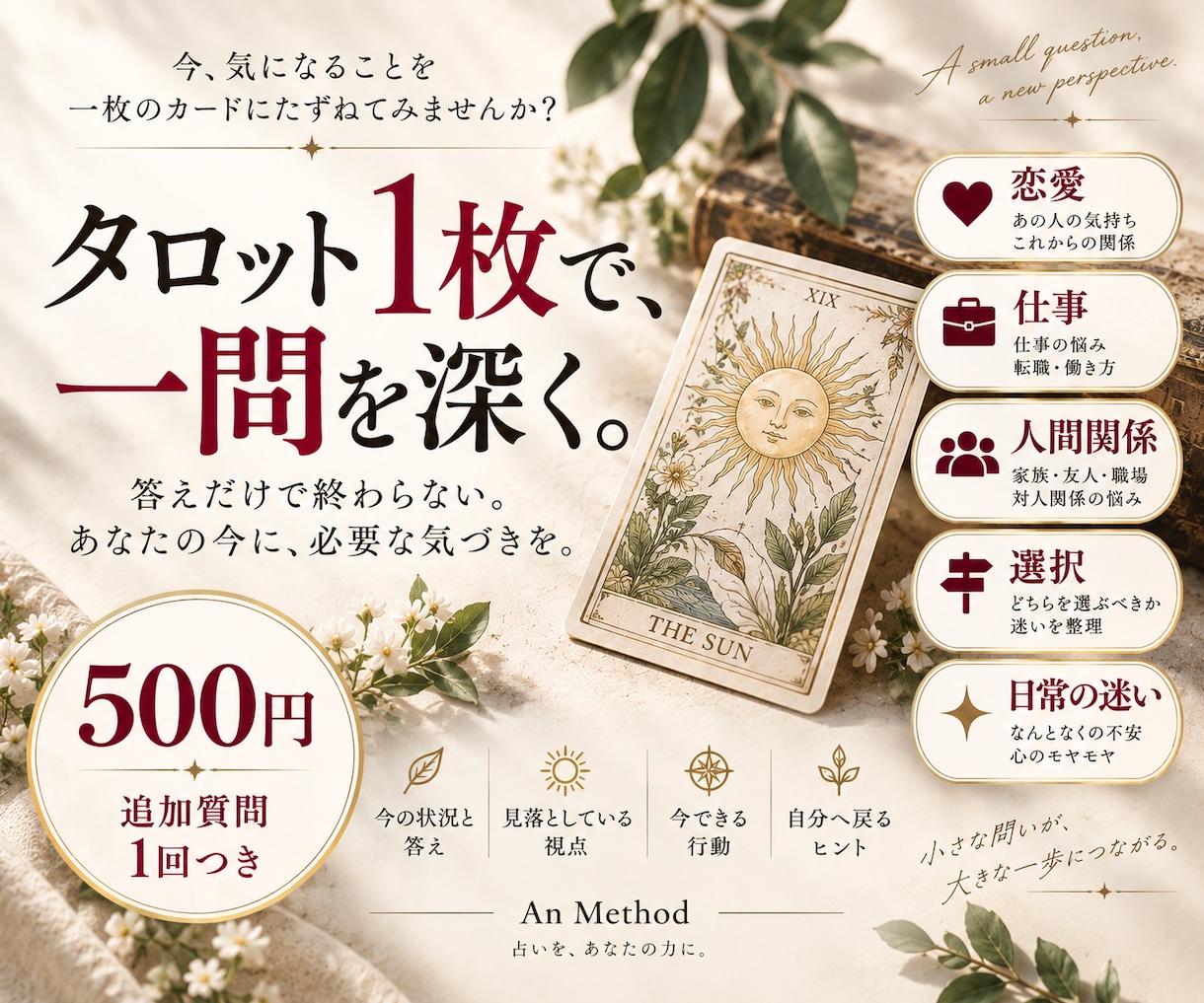 500円◆タロット1枚で答えと見落としを読みます 追加質問1回つき♦︎答えだけで終わらず、次の一歩まで。 イメージ1