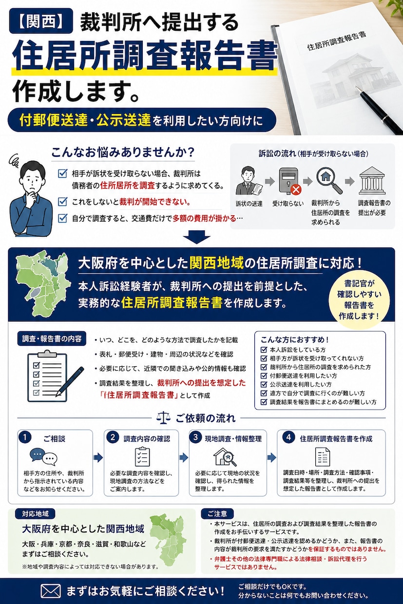 関西 裁判所へ提出する住居所調査報告書作成します 裁判で付郵便送達、公示送達を利用したい方向けに イメージ1
