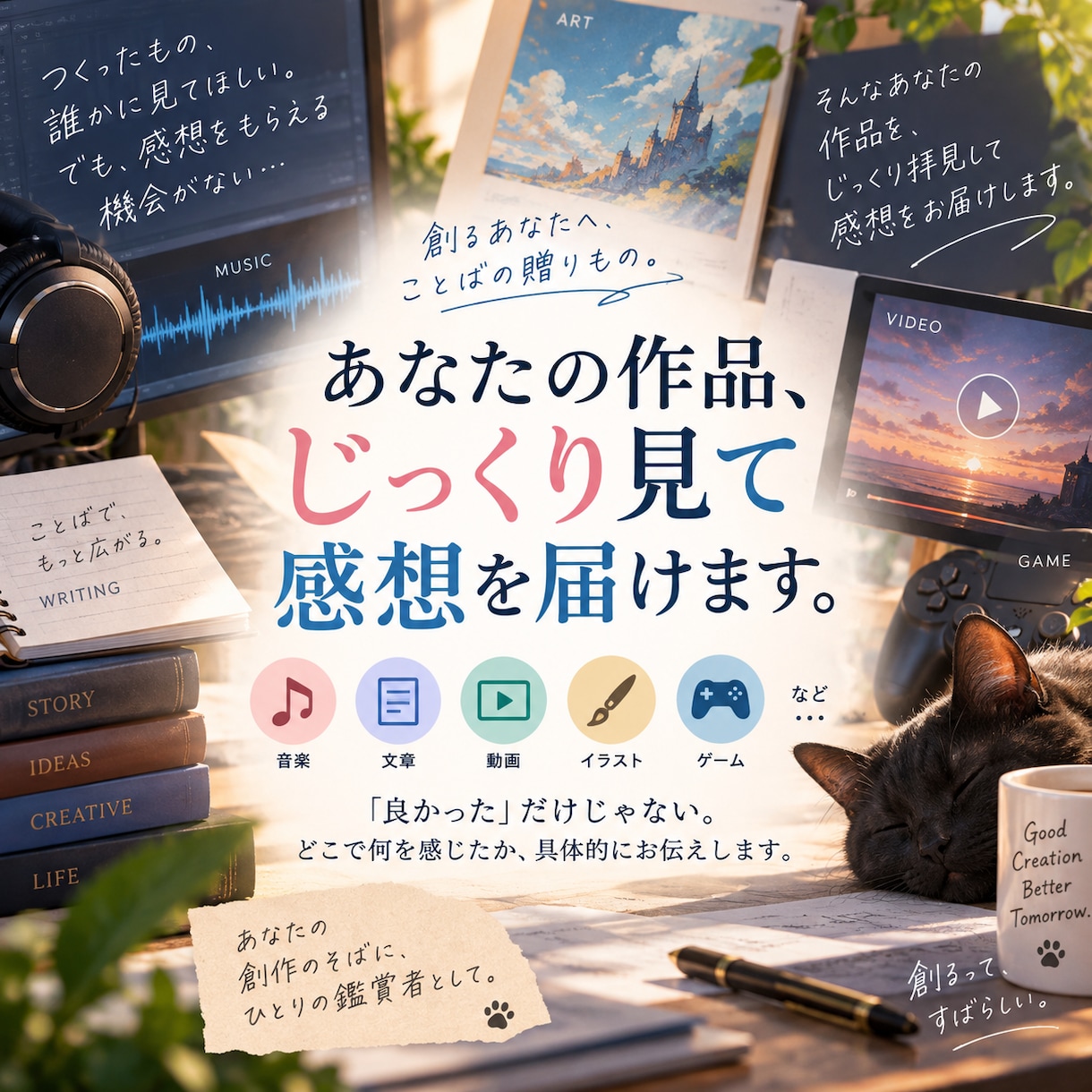 あなたの作品の感想お伝えします 文章以外（音楽、文章、動画、その他）も受け付けます！ イメージ1