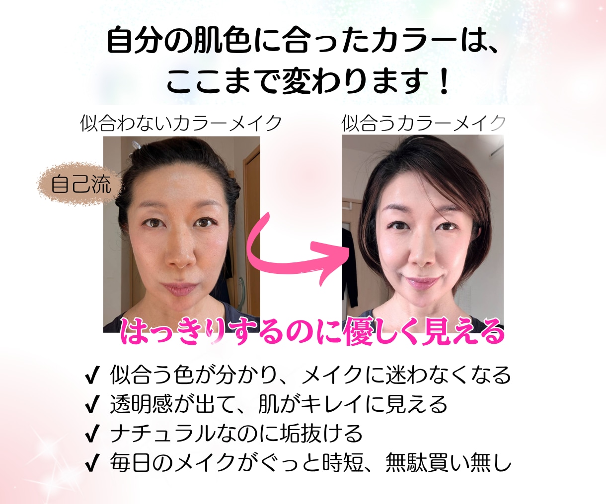大人のメイク迷子脱出★キレイな垢抜け顔に激変します 女性誌特集2万実績★あなたに似合う色のメイク徹底アドバイス イメージ3