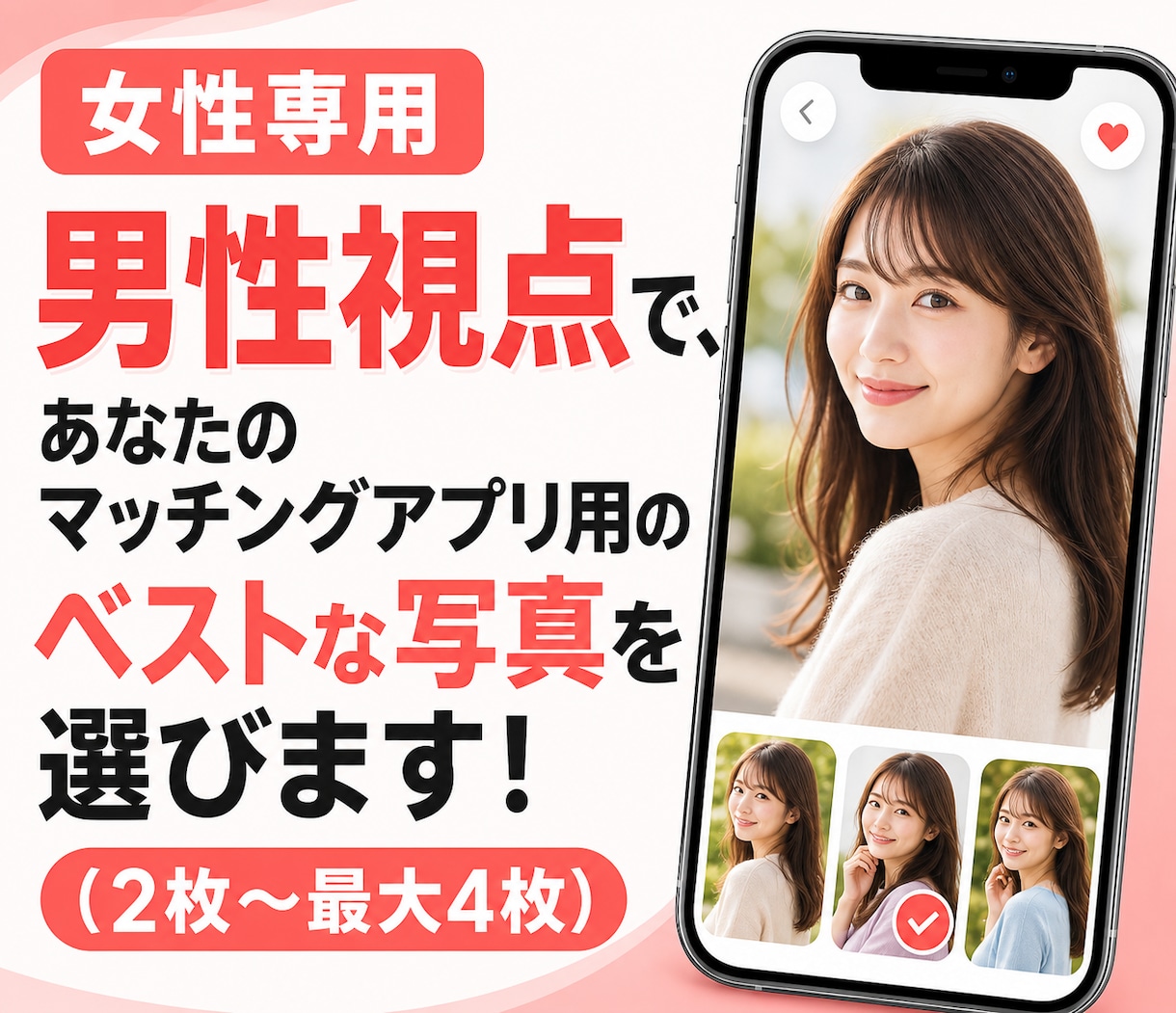 女性向け！男目線でマッチングアプリの写真選びます 写真選択で人生が変わる！？結婚に繋がる大事な一歩をお手伝い！ イメージ1