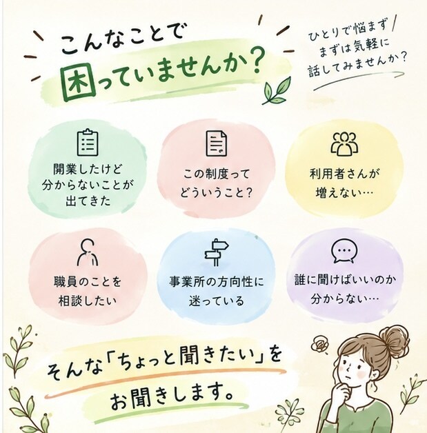 福祉の「困った」を現役の福祉経営者が一緒に考えます 福祉事業所のちょっとした疑問、お聞きします イメージ2