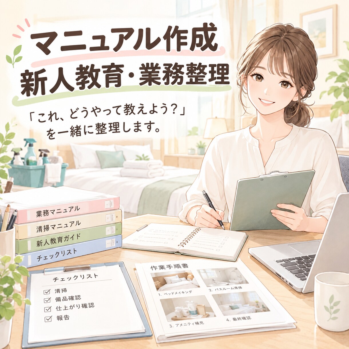 頭の中の「いつものやり方」をマニュアルにします 「これ、どうやって教えよう？」を一緒に整理します。 イメージ1