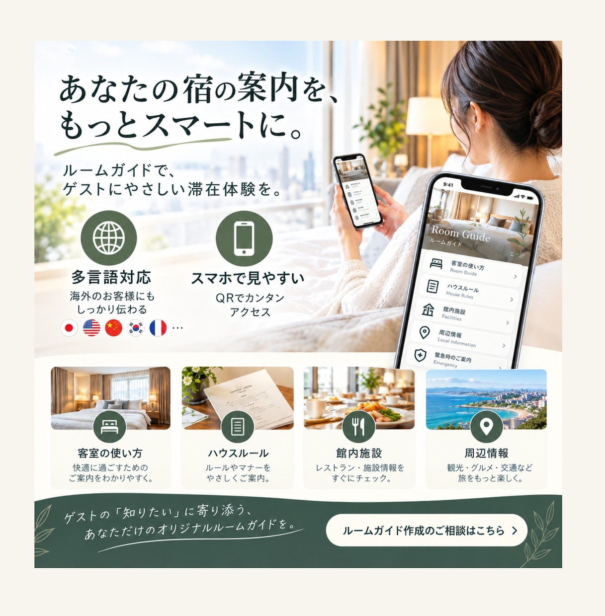 ホテル・施設向け｜他言語ルームガイドを作成します スマホで直感的に見られる外国人向けのルームガイドご提供します イメージ1