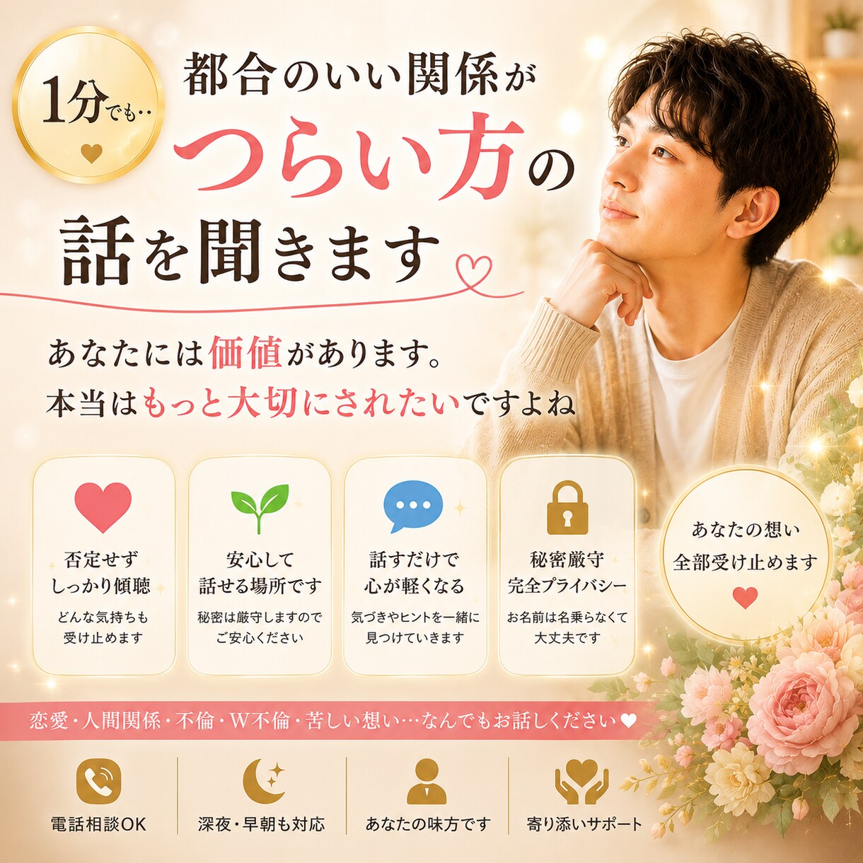 1分でも・・都合のいい関係がつらい方の話を聞きます あなたには価値があります。本当はもっと大切にされたいですよね イメージ1