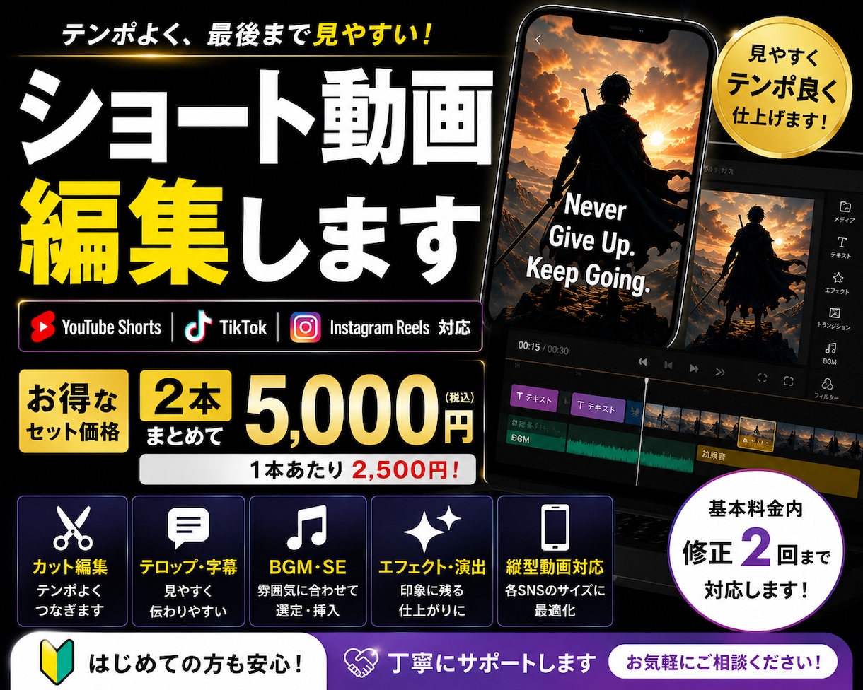 ショート動画を2本セットで編集します YouTube・TikTok・リール対応！丁寧に仕上げます イメージ1