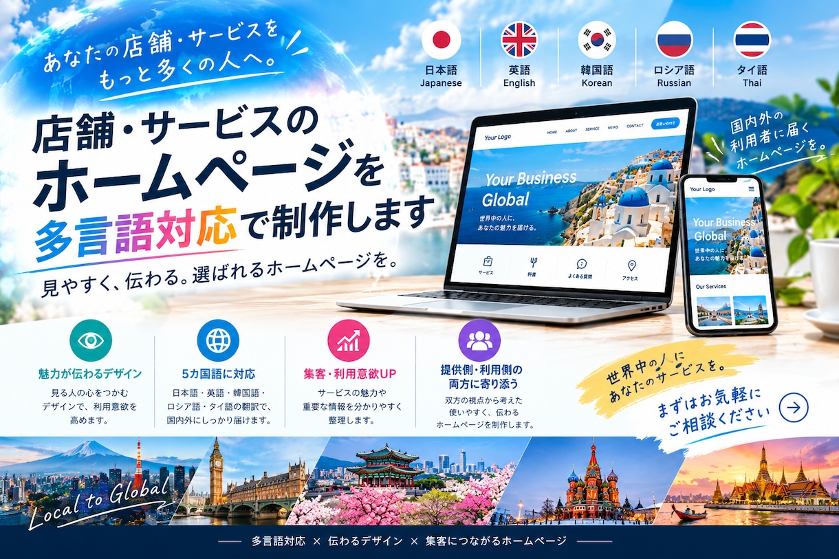 店舗・サービスのHPを多言語対応で制作します 見やすく、伝わる。選ばれるホームページを。ネイティブチェック イメージ1