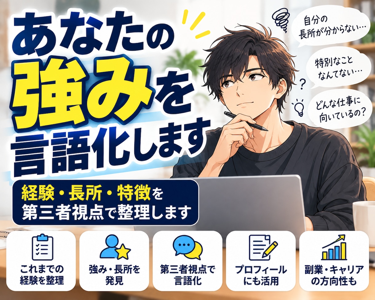 あなたの強み・長所を第三者視点で言語化します 自分では当たり前と思っている経験や特徴からあなたの良さを発見 イメージ1