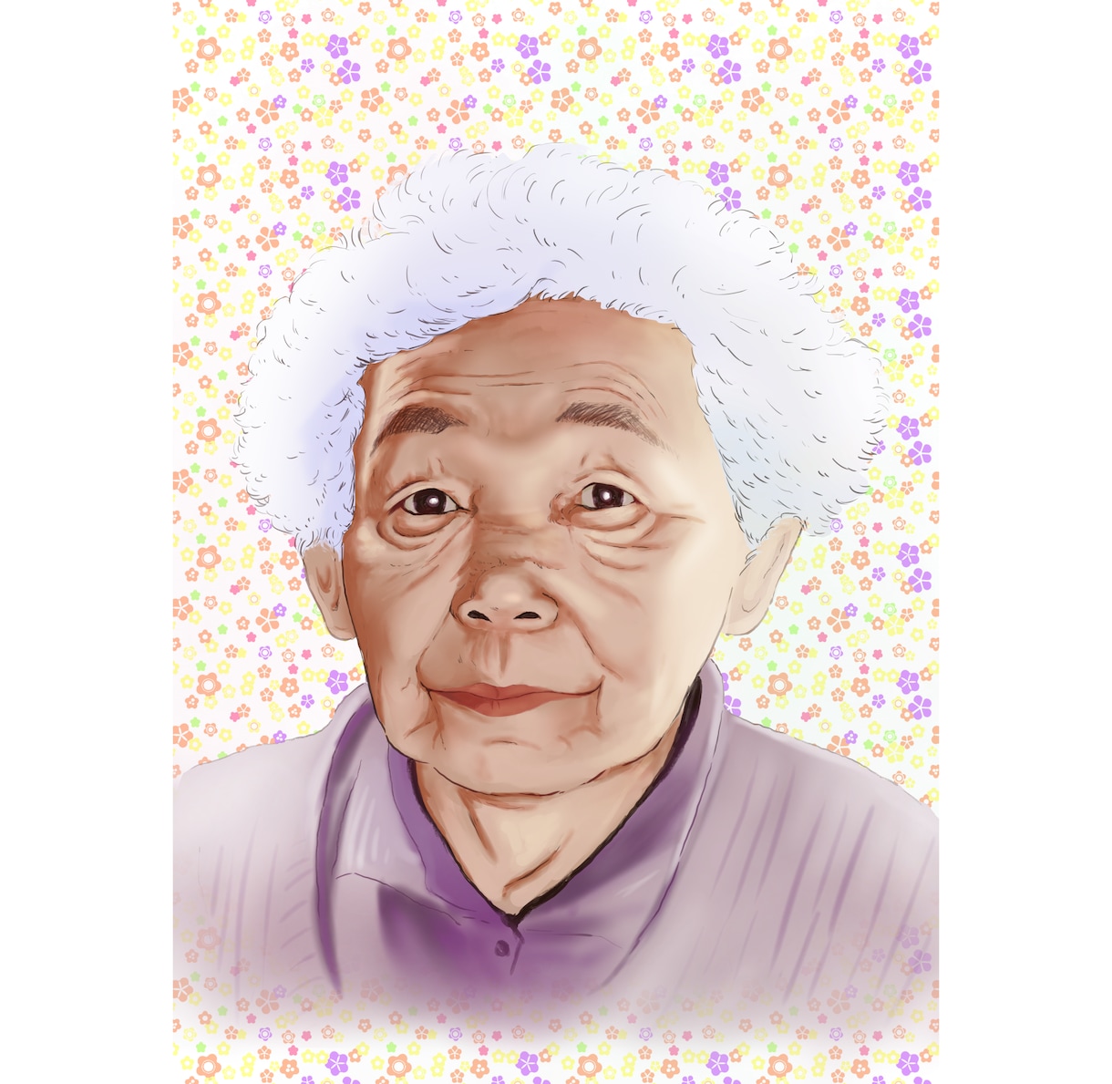 リアルな手描き風似顔絵を無料和柄背景でお描きします 表情や色味など調製可、アイコン、名刺、ギフト、特別な日に イメージ1