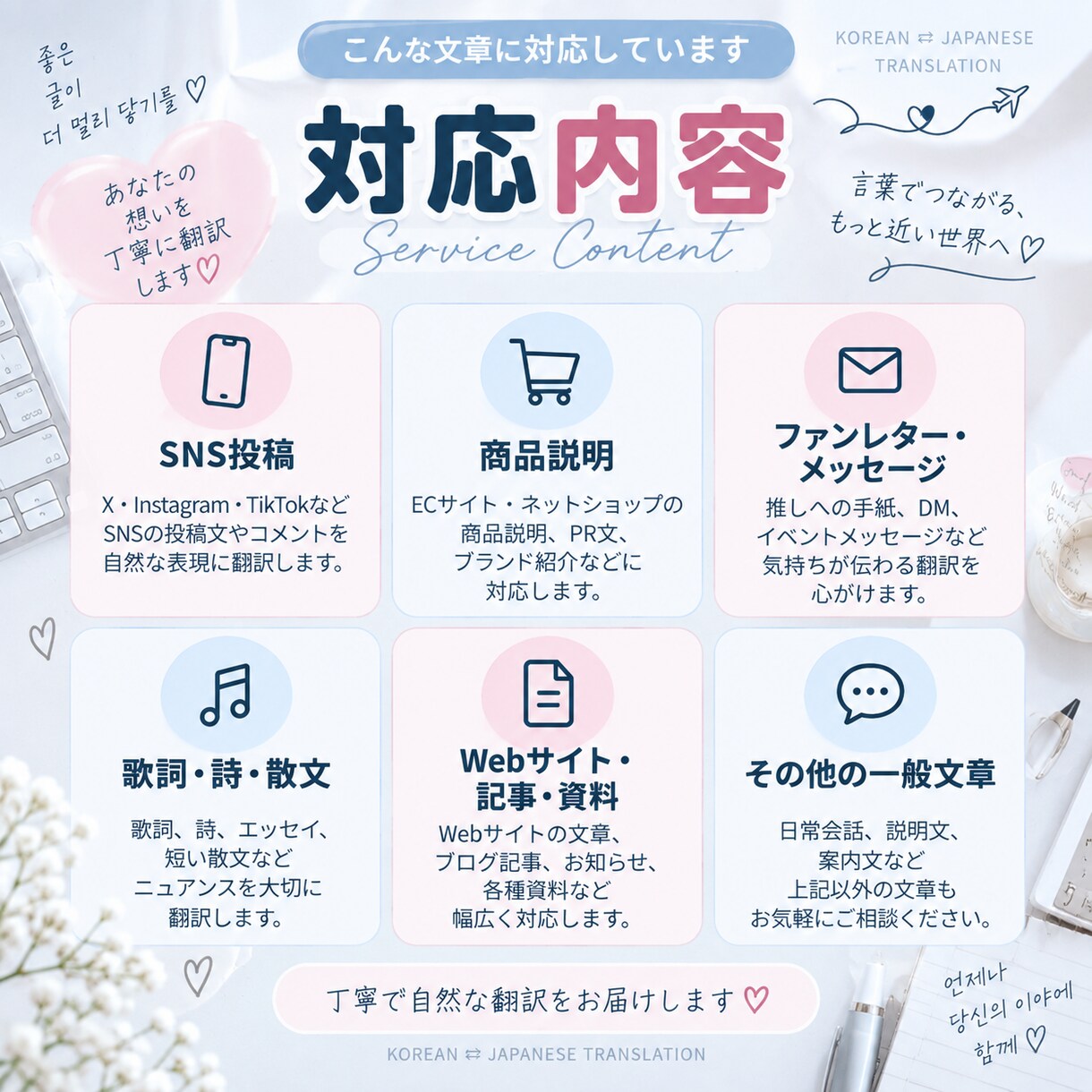韓国語⇄日本語を自然な表現に翻訳します SNS・商品説明・ファンレター・歌詞など幅広く対応 イメージ2