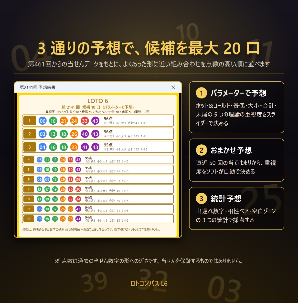 ロト6の予想支援ソフトを提供します 5つの理論×統計×AIおまかせ。公式データ取込と答え合わせ イメージ2