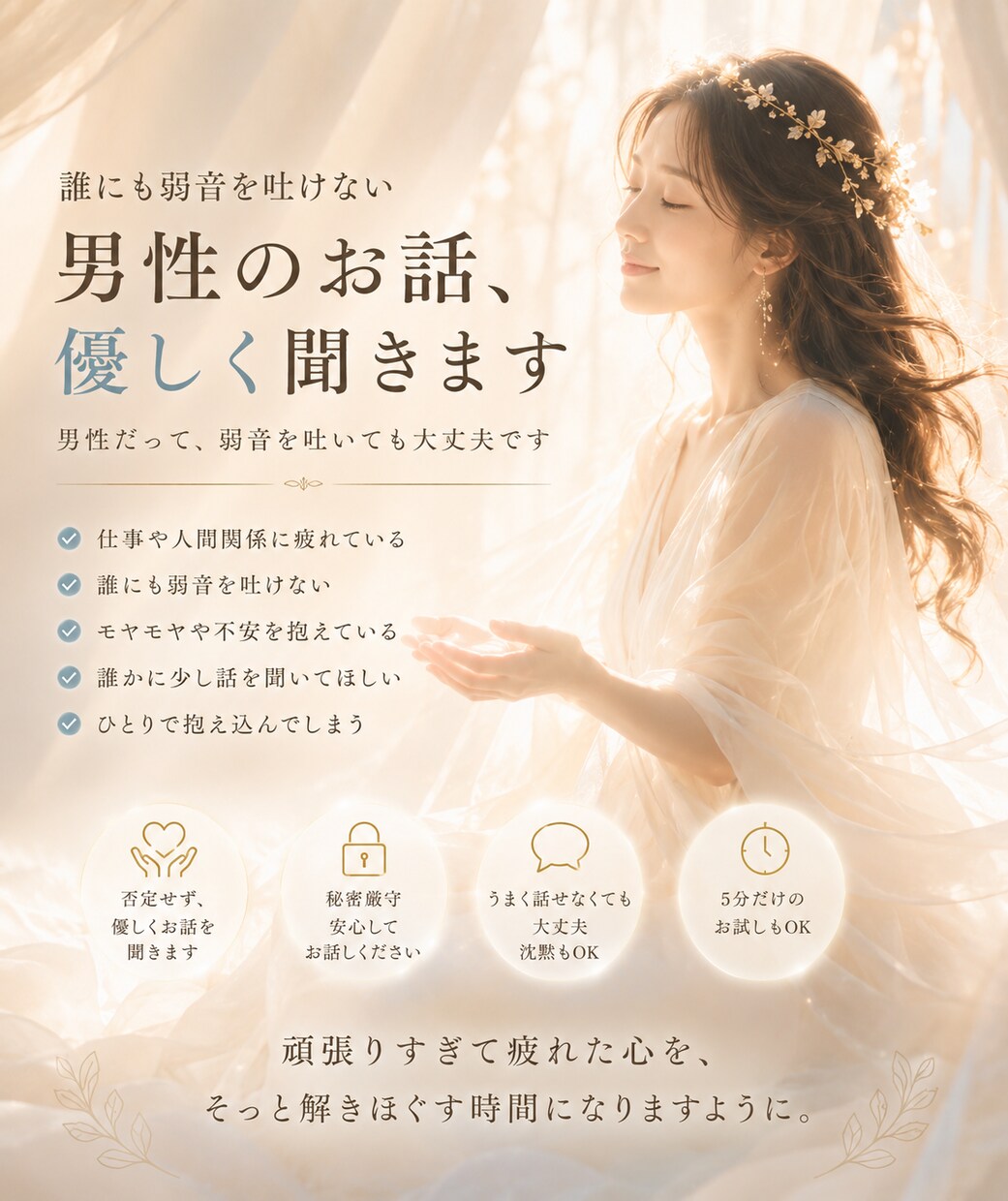 誰にも弱音を吐けない男性のお話、優しく聞きます ホッと一息できる癒しの時間を✨ イメージ1