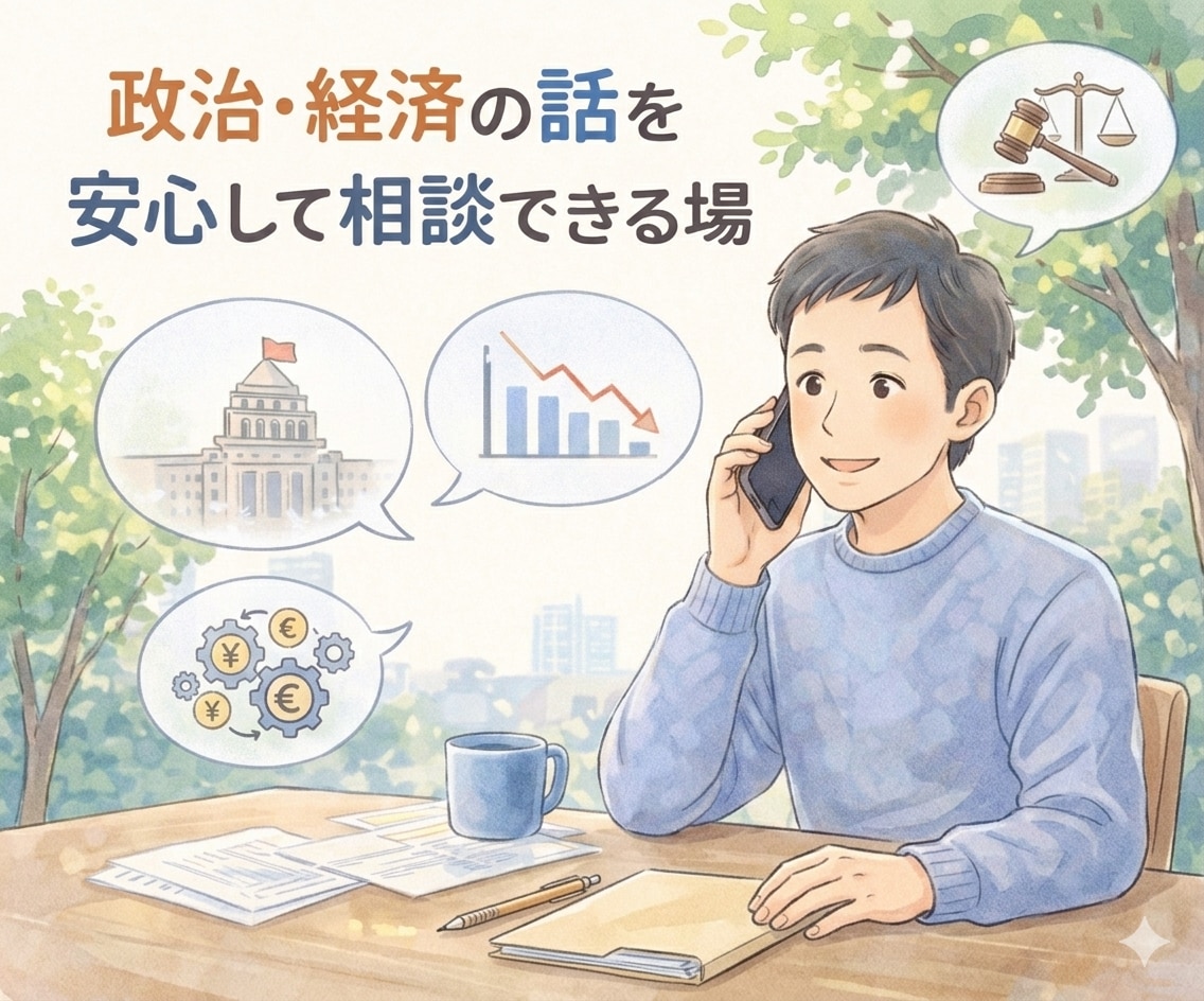 政治や経済の話、タブー抜きでゆっくり聞きます 職場や友人には話しづらい政治経済の話を安心して話せる場 イメージ1
