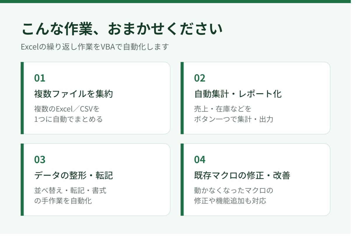 面倒なExcel作業をVBAで自動化しますます 毎回の手作業集計を、ボタン一つで数秒に短縮します イメージ2