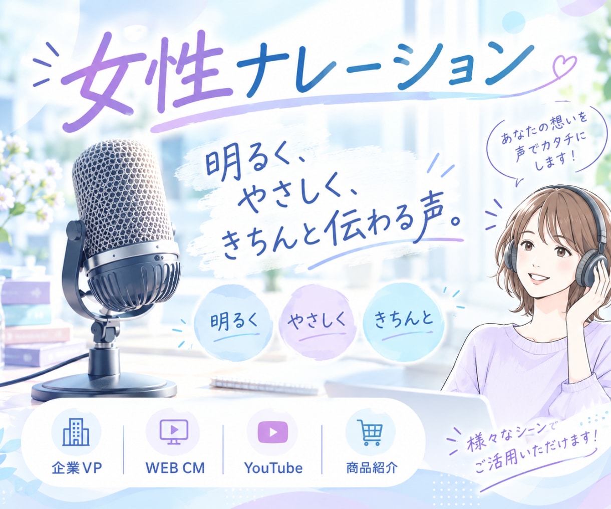 動画やCMなど女性声ナレーション承ります あなたの動画に、聞きやすく伝わるナレーションを。 イメージ1
