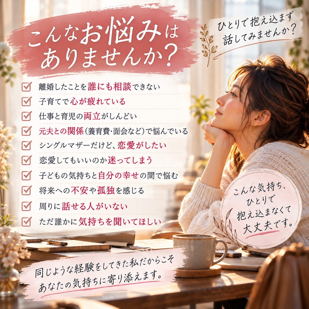 バツイチ・シングルマザーの本音や悩みをお聴きします 離婚も恋愛も経験したシンママが同じ目線で寄り添います イメージ2
