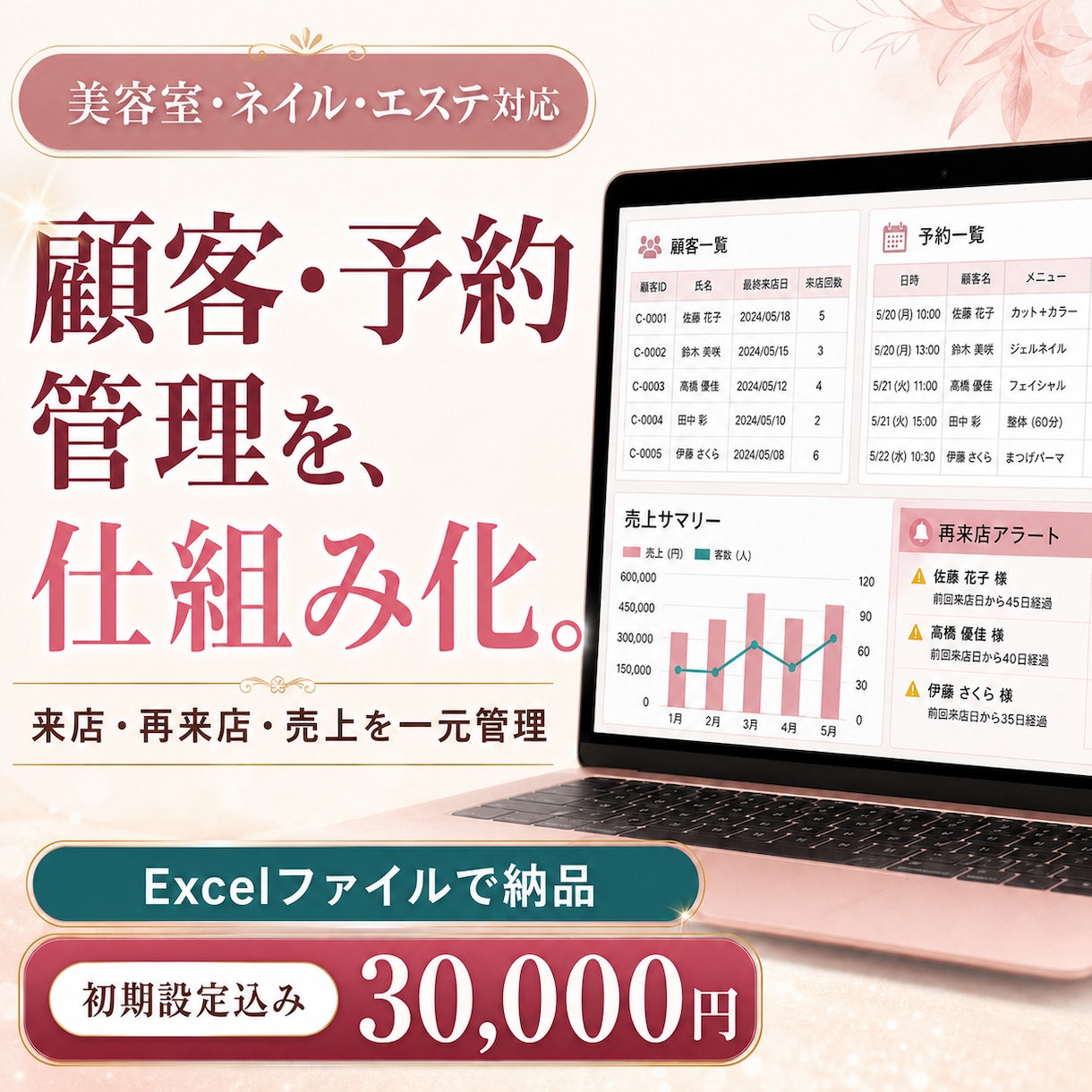 サロン顧客・予約管理をExcelで自動化します Excel納品｜来店・再来店・売上を一元管理 イメージ1