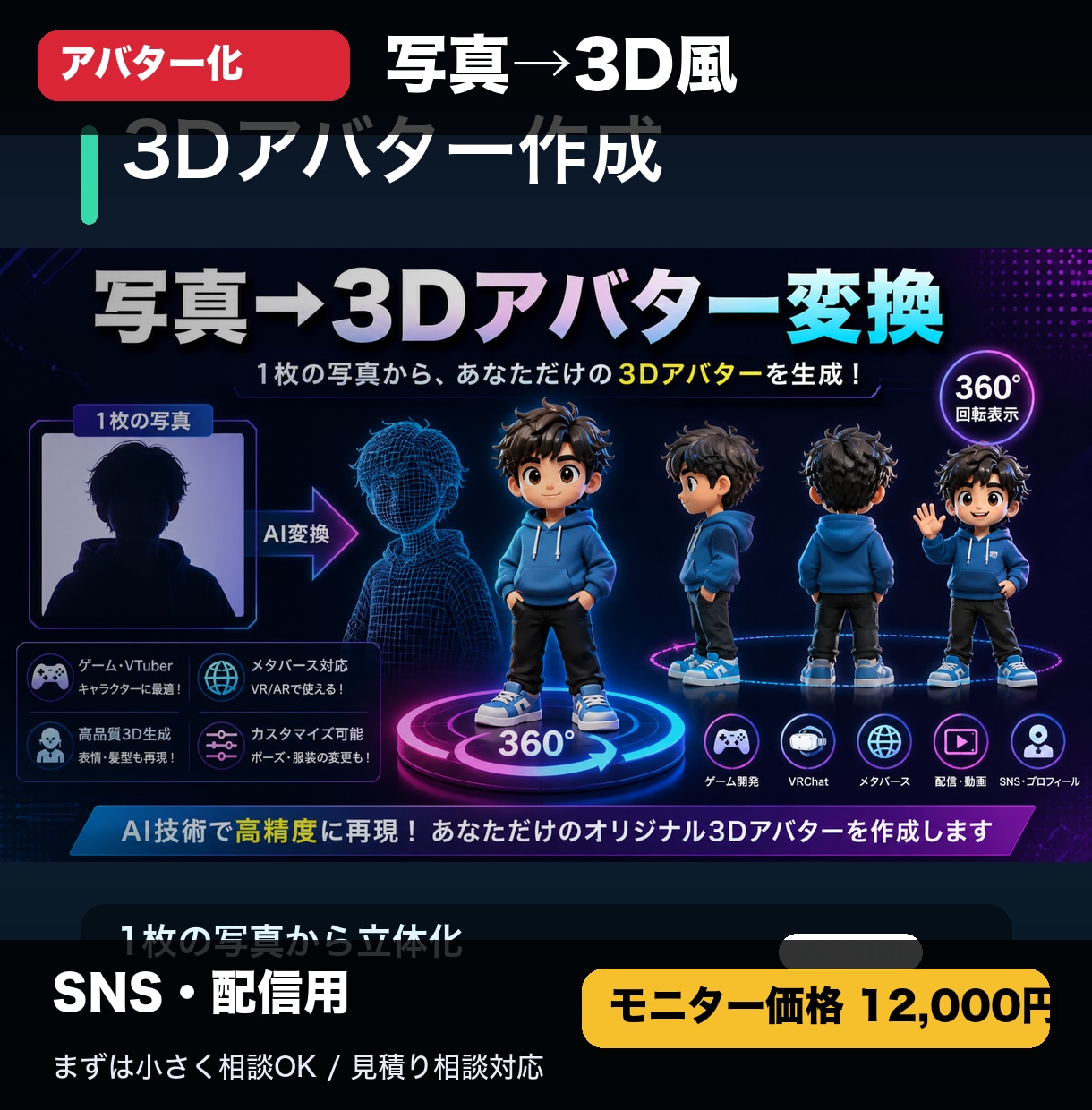 写真から3Dアバターを作成します 人物・キャラ画像を3Dアバター風に変換 イメージ1