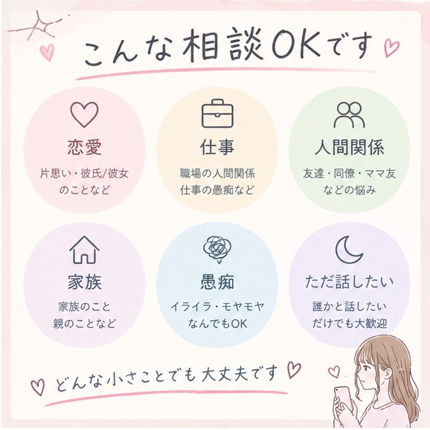 愚痴も悩みも何でも聞きます 「ちょっと聞いて！」だけでも大歓迎です☺️ イメージ2