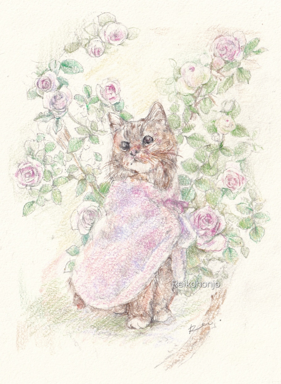 水彩色鉛筆で愛犬愛猫愛鳥の可愛いイラスト描きます 色とりどりのお花に囲まれ庭園にいるような優しい雰囲気の画風。 イメージ1