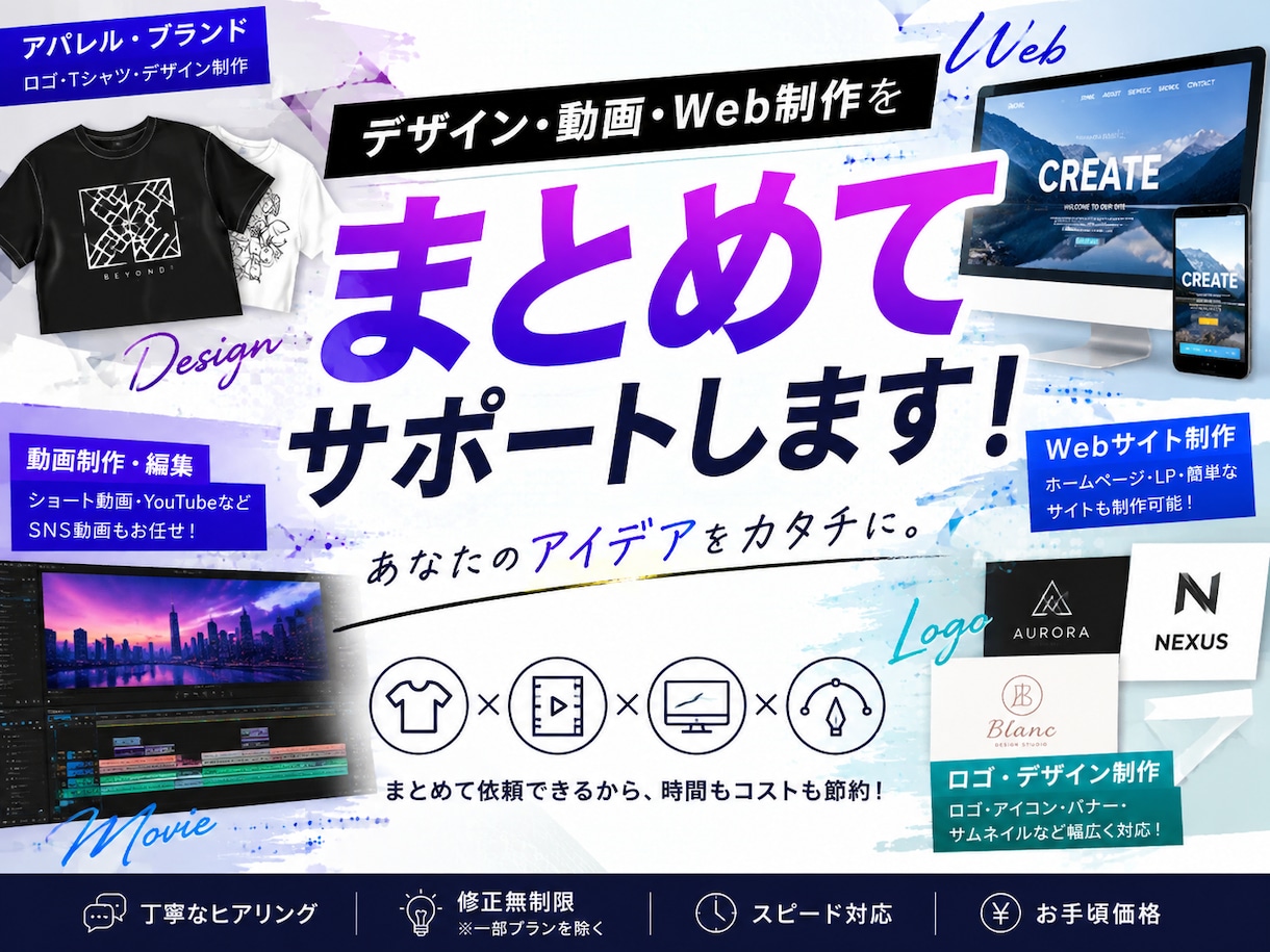 webサイトロゴ作成の仕事やります webサイト、ロゴの作成、動画作成、アパレルデザイン等！ イメージ1
