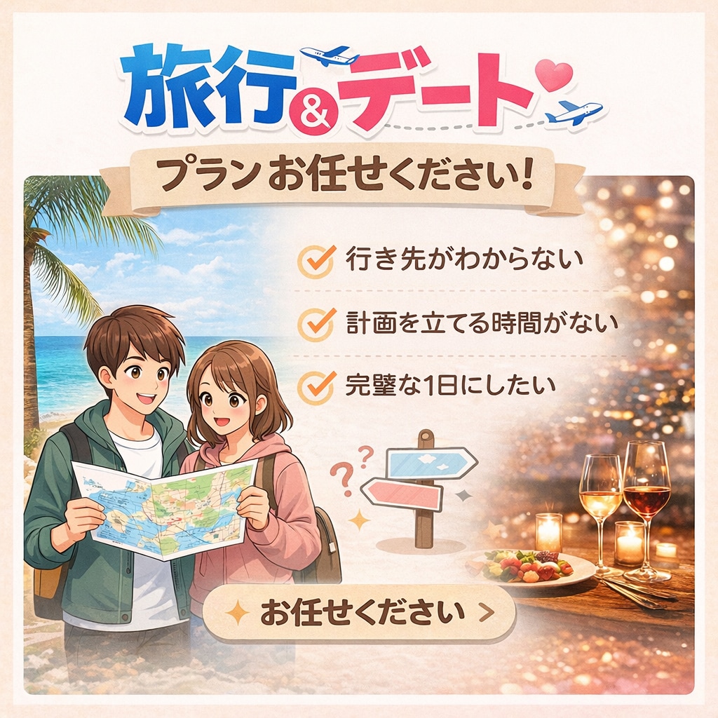 完璧な旅行やデートプランを代行してご提案致します 旅行、デートプランをあなたの代わりに考えます。 イメージ1