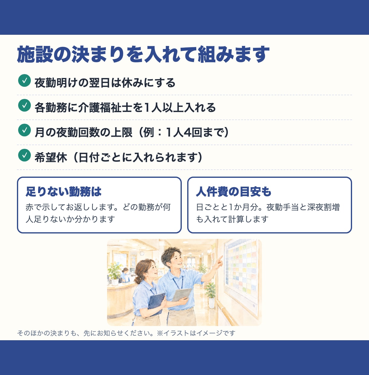 介護施設の1か月分のシフトを組みます 早番・日勤・遅番・夜勤｜夜勤明けの休みも入れて イメージ2