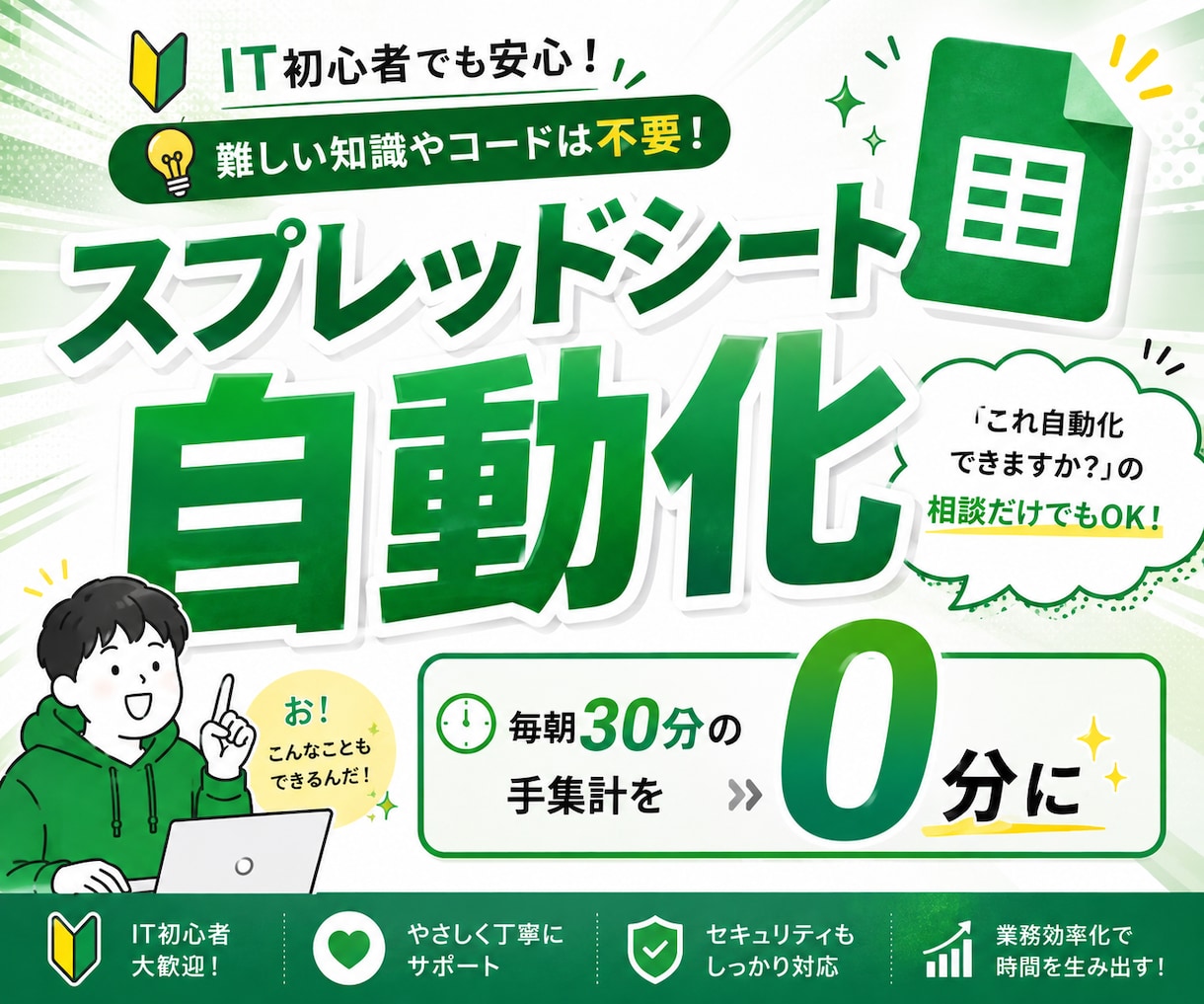 スプレッドシート業務を自動化して楽にします 「これ自動化できますか？」の相談（無料）だけでもOK！ イメージ1