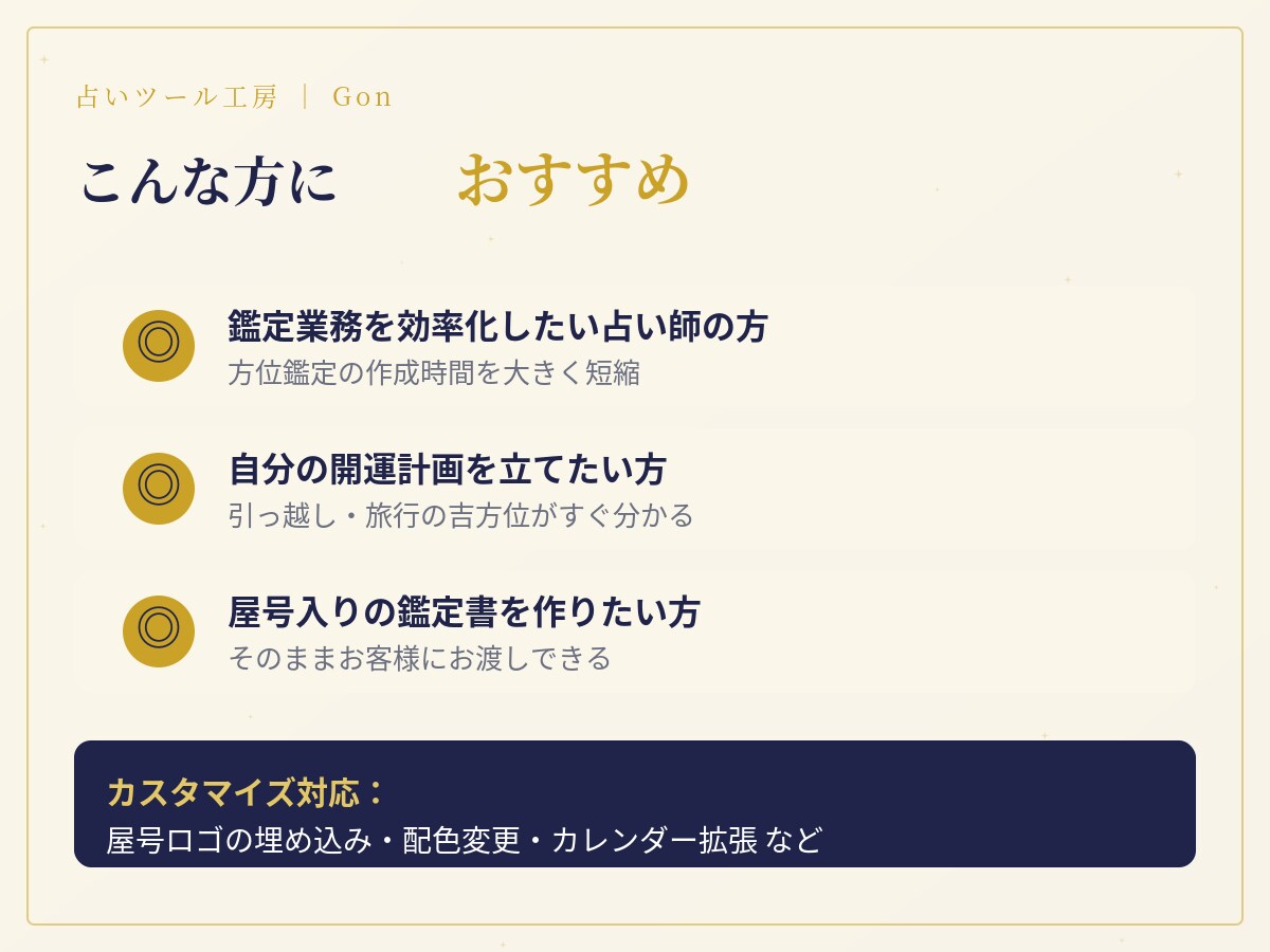 インストール不要◎九星気学の吉方位ツール作ります 本命星・年盤月盤・吉凶方位・日別カレンダーを自動生成。 イメージ6