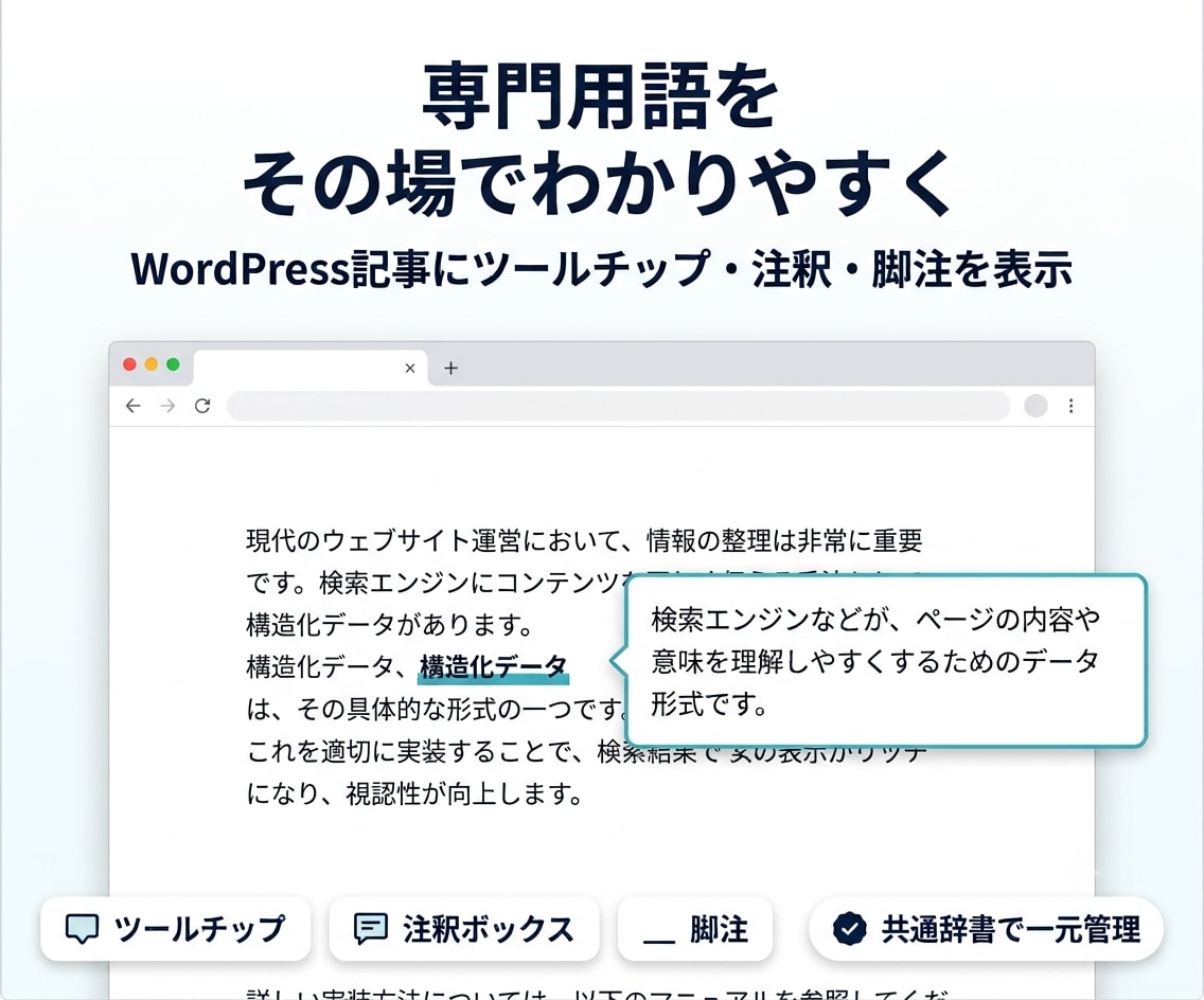 WordPress記事の専門用語に説明を表示します ツールチップ・注釈・脚注を共通辞書で管理｜既存記事にも対応 イメージ1