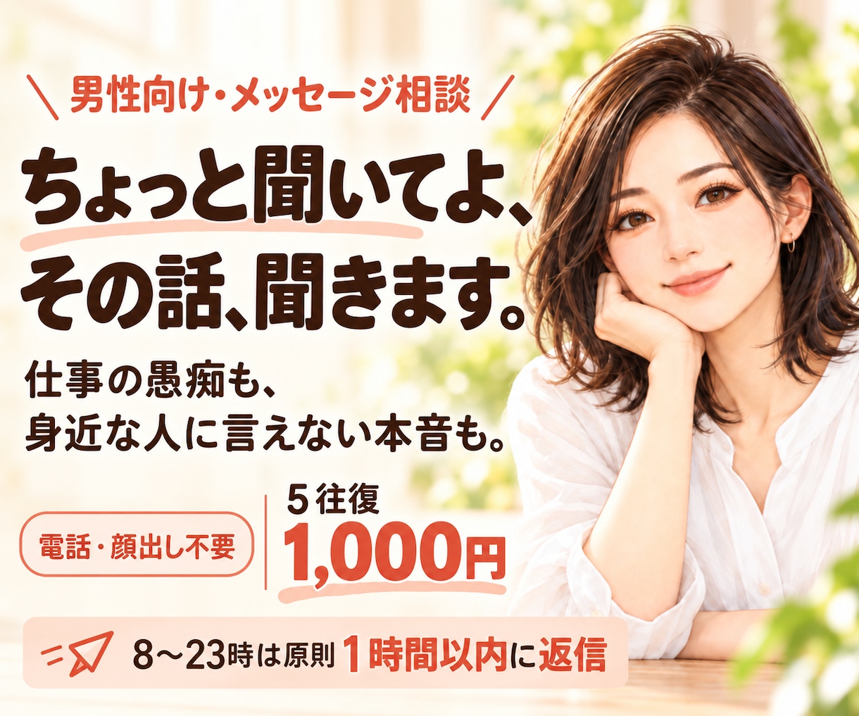 男性の悩みや愚痴、本音をメッセージでお聞きします 身近な人には言えない本音、ここでこぼしませんか？ イメージ1